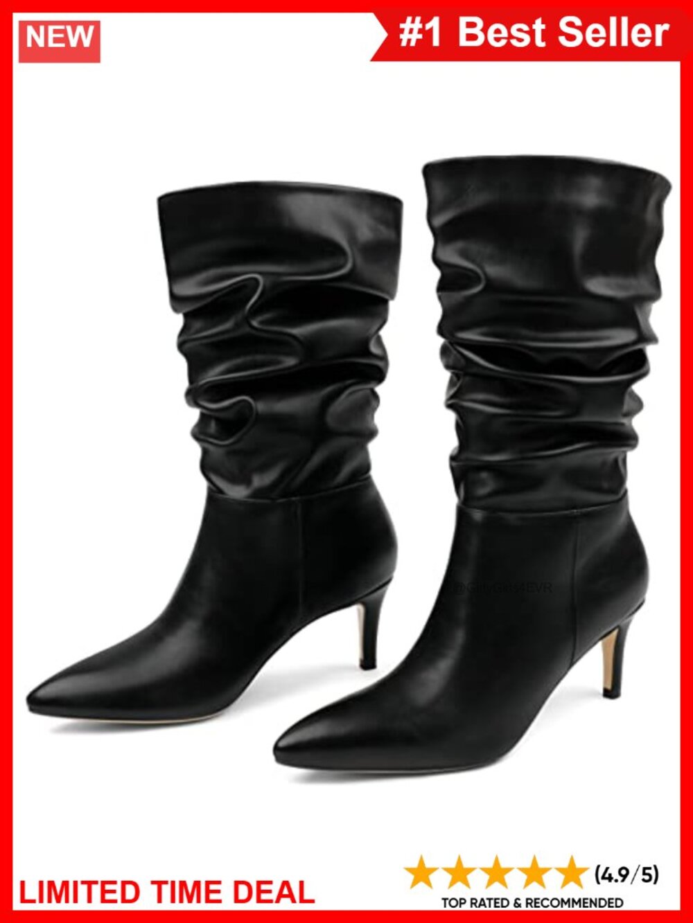 Mid-Calf Slouchy Wrinkled Boots Low Heel Faux Leather Velvet Lined